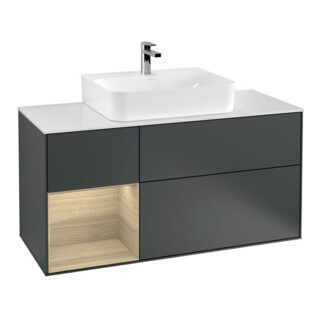 V&B Meuble sous lavabo Finion 120 cm, éclairage mural, placage bois, laqué bleu