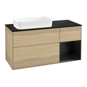 V&B Meuble sous lavabo Finion 120 cm, éclairage mural, placage bois, laqué bleu, ouverture à ven