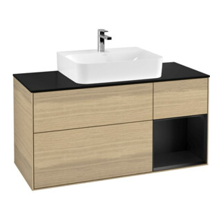 V&B Meuble sous lavabo Finion 120 cm, éclairage mural, placage bois, laqué bleu, poignée ven