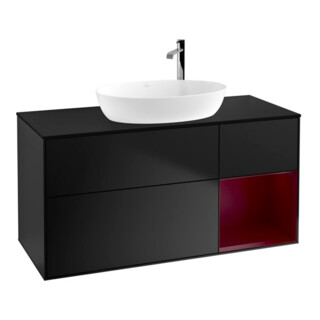 V&B Meuble sous-lavabo Finion 120 cm, éclairage mural, placage bois, laque bleue