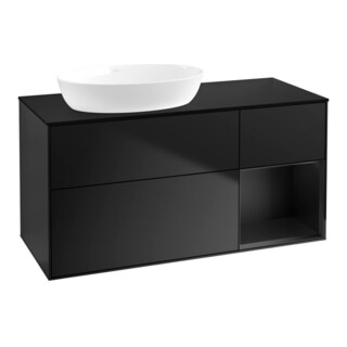 V&B Meuble sous lavabo Finion 120 cm, éclairage mural, placage bois, laque bleue