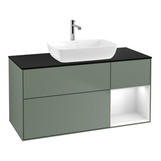 V&B Meuble sous-lavabo Finion 120 cm, éclairage mural, placage bois, laque gris clair, huile et laque