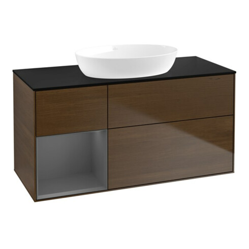 V&B Meuble sous lavabo Finion 120 cm, éclairage mural, placage bois, laqué, noyer veinée