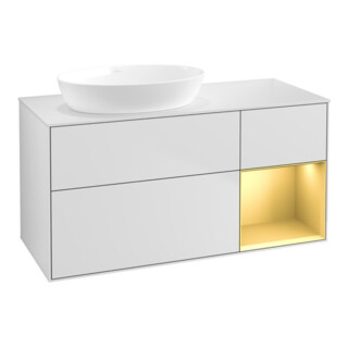 V&B Meuble sous lavabo Finion 120 cm, éclairage mural, placage bois, laqué or, blanc laqué