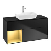 V&B Meuble sous-lavabo Finion 120 cm, éclairage mural, placage bois, laqué or, bleu laqué