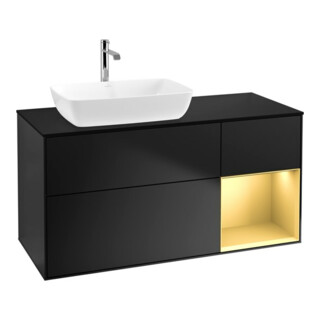 V&B Meuble sous lavabo Finion 120 cm, éclairage mural, placage bois, laqué or, bleu laqué
