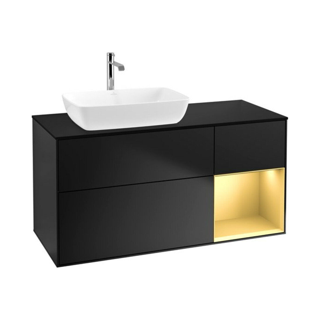V&B Meuble sous lavabo Finion 120 cm, éclairage mural, placage bois, laqué or, bleu laqué