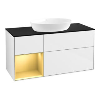 V&B Meuble sous lavabo Finion 120 cm, éclairage mural, placage bois, laqué or mat, laqué blanc brillant