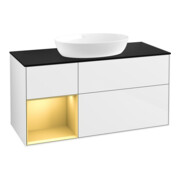 V&B Meuble sous lavabo Finion 120 cm, éclairage mural, placage bois, laqué or mat, laqué blanc brillant