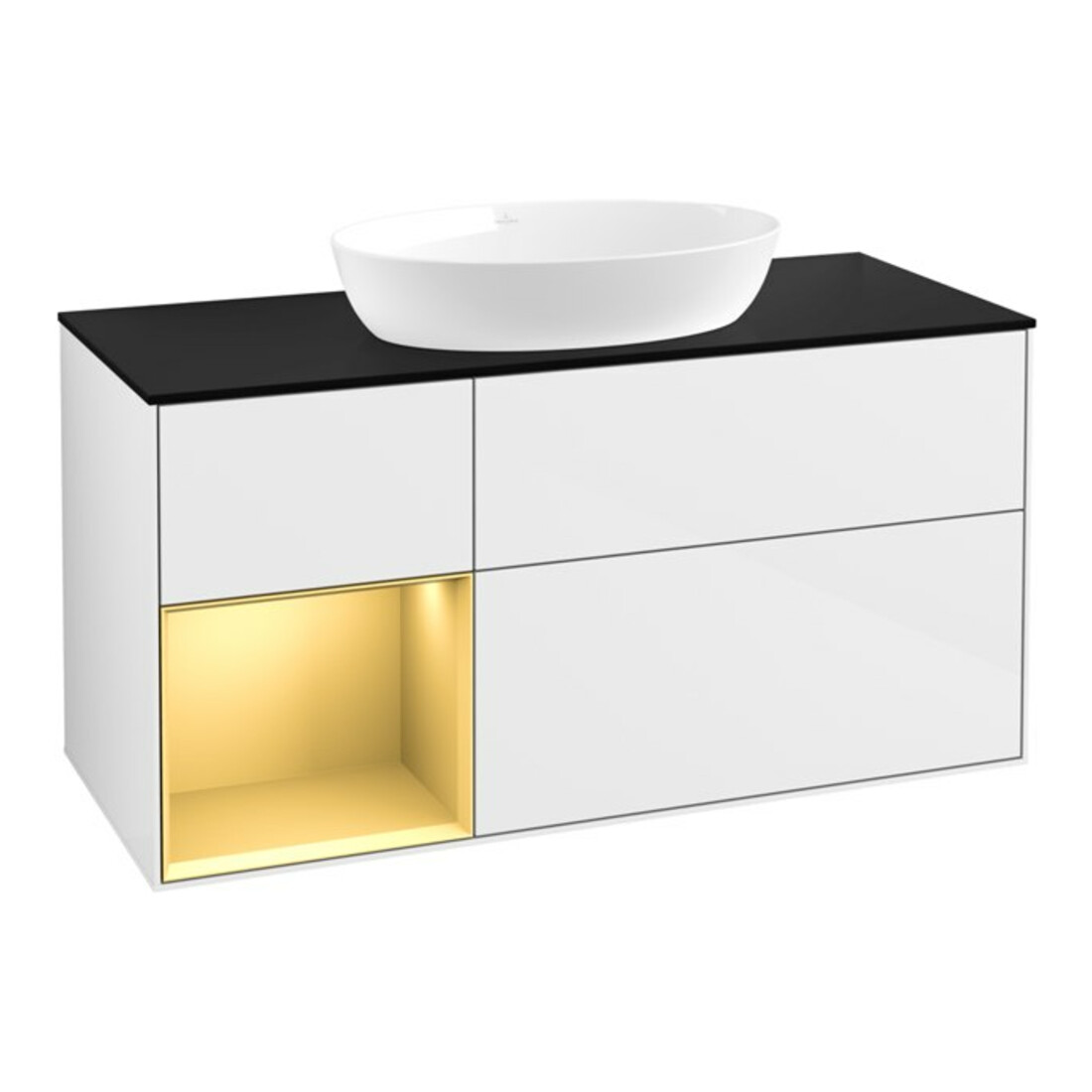 V&B Meuble sous lavabo Finion 120 cm, éclairage mural, placage bois, laqué or mat, laqué blanc brillant