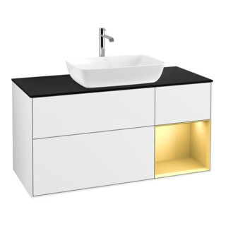 V&B Meuble sous lavabo Finion 120 cm, éclairage mural, placage bois, laque or mat, laque blanc brillant