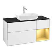 V&B Meuble sous lavabo Finion 120 cm, éclairage mural, placage bois, laque or mat, laque blanc brillant