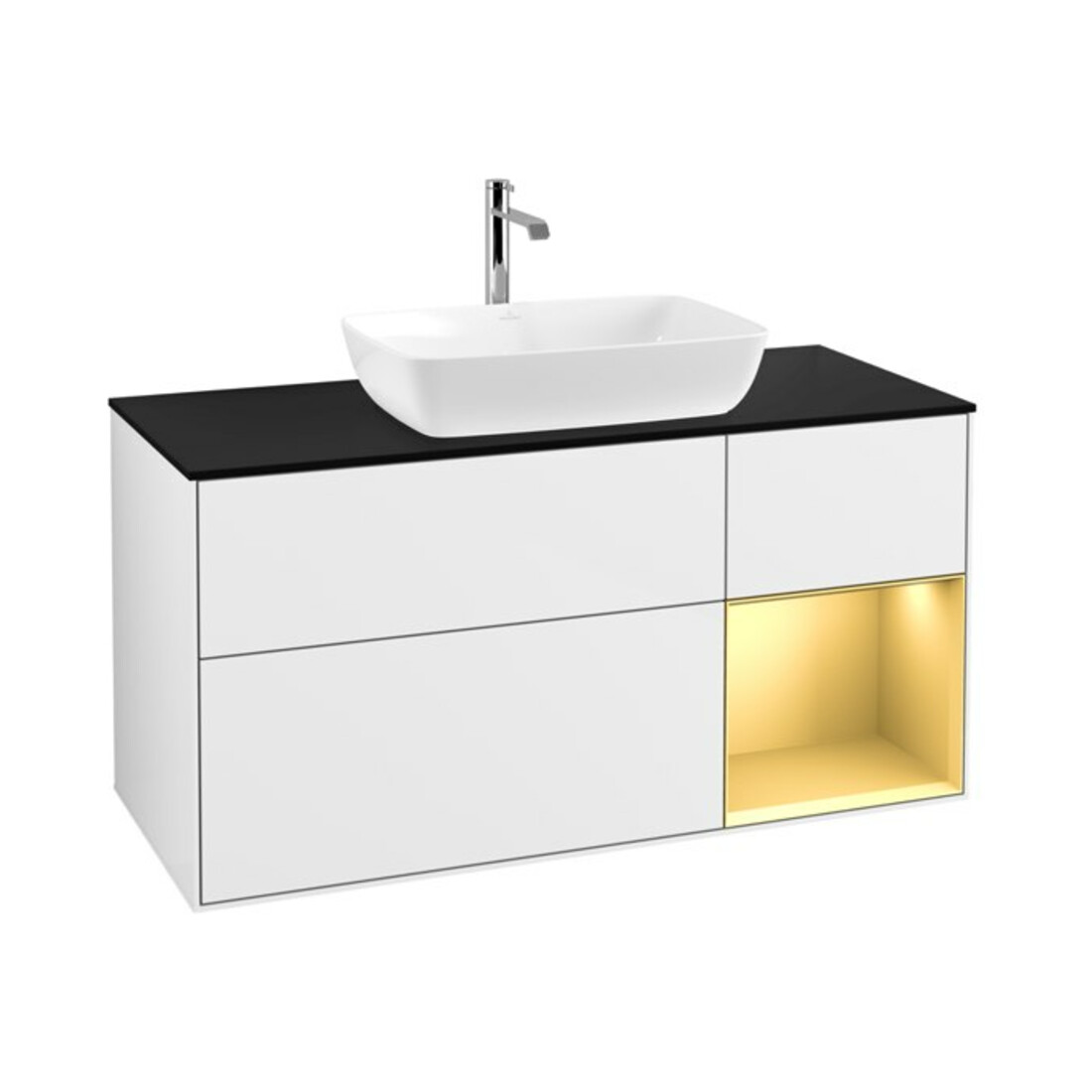V&B Meuble sous lavabo Finion 120 cm, éclairage mural, placage bois, laque or mat, laque blanc brillant