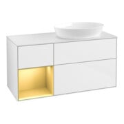 V&B Meuble sous lavabo Finion 120 cm, éclairage mural, placage bois, laqué or mat, laqué blanc brillant-1