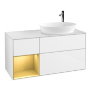 V&B Meuble sous-lavabo Finion 120 cm, éclairage mural, placage bois m, laqué or m, laqué blanc brillant