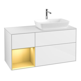 V&B Meuble sous lavabo Finion 120 cm, éclairage mural, placage bois m, laque or m, laque blanc brillant
