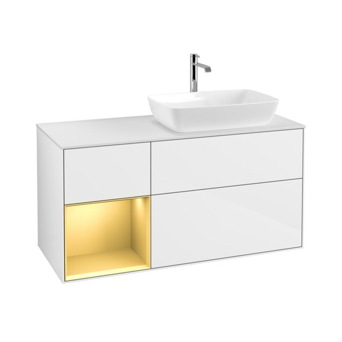 V&B Meuble sous lavabo Finion 120 cm, éclairage mural, placage bois m, laque or m, laque blanc brillant