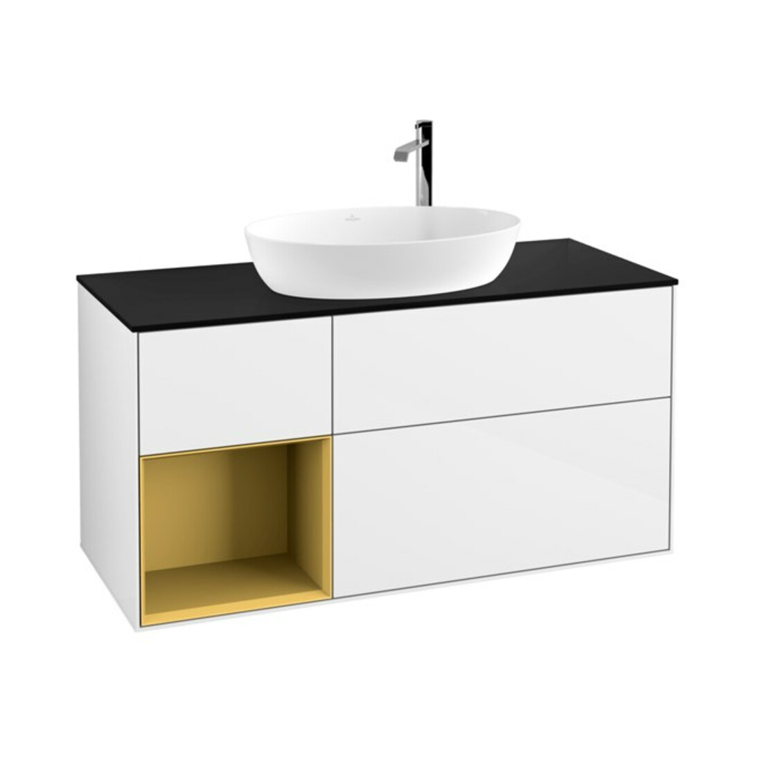 V&B Meuble sous-lavabo Finion 120 cm, éclairage mural, placage bois m, laque or m, laque blanc brillant