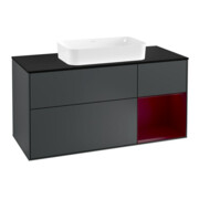 V&B Meuble sous lavabo Finion 120 cm, éclairage mural, placage bois, miroir avec rangement, bleu mat avec laque