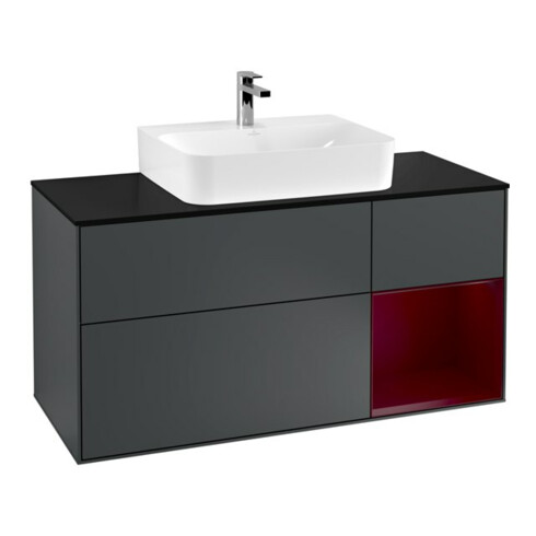 V&B Meuble sous lavabo Finion 120 cm, éclairage mural, placage bois, miroir réglable, bleu mat avec laque