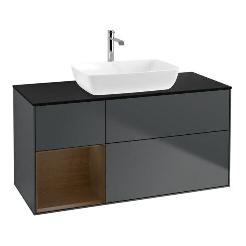 V&B Meuble sous lavabo Finion 120 cm, éclairage mural, placage bois, noyer régulier, bleu moyen mat, laqué
