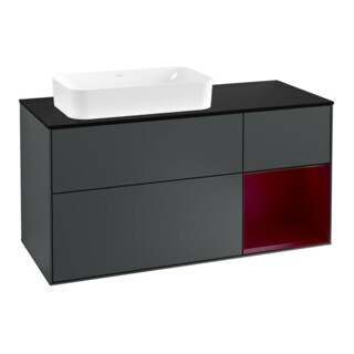 V&B Meuble sous-lavabo Finion 120 cm, éclairage mural, placage bois, porte battante, gris bleuté mat, laqué