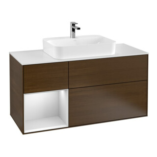 V&B Meuble sous lavabo Finion 120 cm, éclairage mural, placage bois, porte gauche blanc mat, laque, noyer veneer