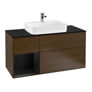 V&B Meuble sous lavabo Finion 120 cm, éclairage mural, placage bois, porte gauche, bleu mat, laqué, noyer veneer