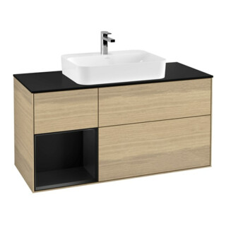 V&B Meuble sous lavabo Finion 120 cm, éclairage mural, placage bois, porte gauche, bleu mat, laqué, ouverture à pression