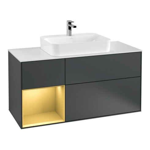 V&B Meuble sous lavabo Finion 120 cm, éclairage mural, placage bois, porte gauche, poignée dorée, avec miroir bleu, mat, laqué