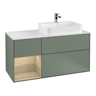 V&B Meuble sous lavabo Finion 120 cm, éclairage mural, placage bois, réglette gauche, finition mate laquée