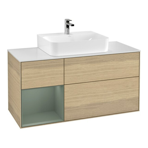 V&B Meuble sous lavabo Finion 120 cm, éclairage mural, placage bois, réglette gauche, huile mate, laque, ouverture venetienne