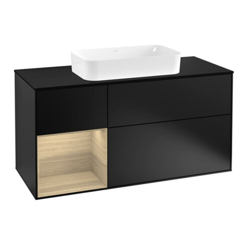 V&B Meuble sous lavabo Finion 120 cm, éclairage mural, placage bois, réglette gauche, laqué bleu mat