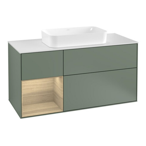 V&B Meuble sous-lavabo Finion 120 cm, éclairage mural, placage bois, réglette gauche, olivier mat laqué