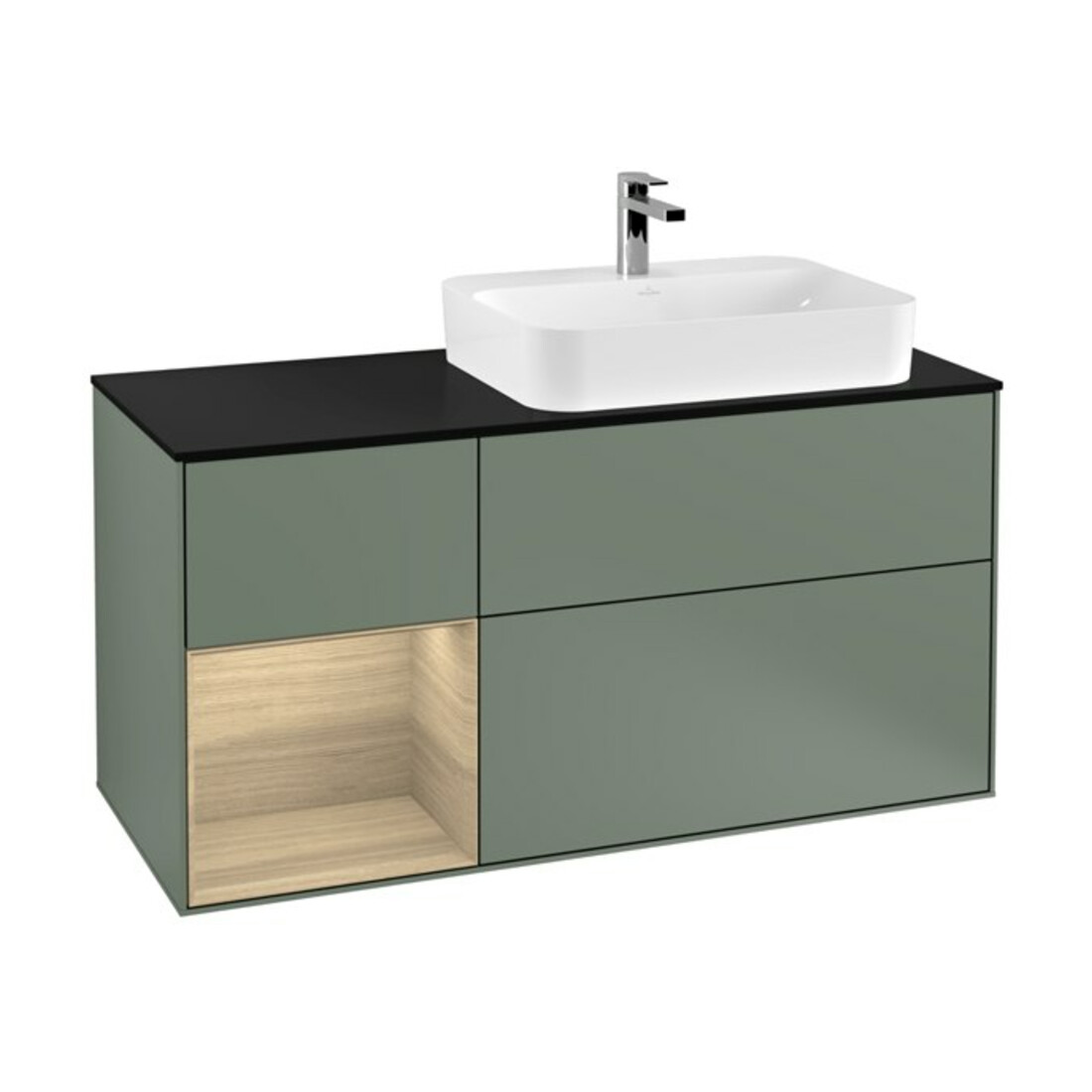 V&B Meuble sous-lavabo Finion 120 cm, éclairage mural, placage bois, réglette gauche, olivier mat laqué
