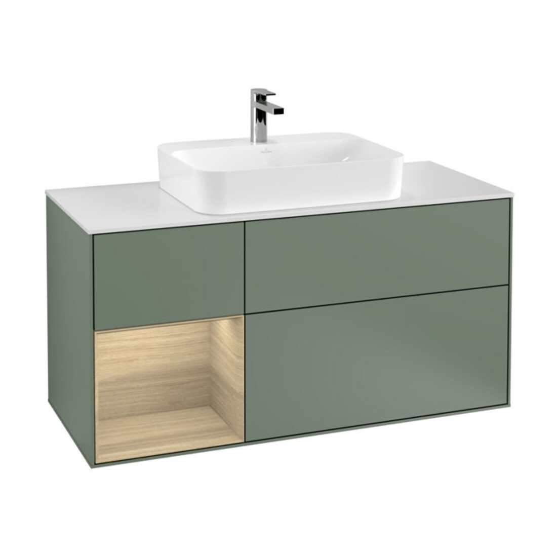 V&B Meuble sous lavabo Finion 120 cm, éclairage mural, placage bois, réglette gauche, olivier mat laqué