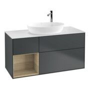 V&B Meuble sous lavabo Finion 120 cm, éclairage mural, placage bois, réglette, médium bleu mat laqué