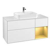 V&B Meuble sous lavabo Finion 120 cm, éclairage mural, placage bois, réglette or, blanc brillant
