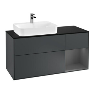 V&B Meuble sous lavabo Finion 120 cm, éclairage mural, placage bois, rouge ambré, mat bleu avec laque