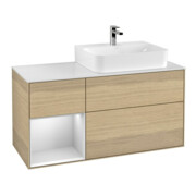 V&B Meuble sous lavabo Finion 120 cm, éclairage mural, placage bois, tiroir gauche, blanc mat, laqué, ouverture à pression