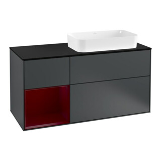 V&B Meuble sous lavabo Finion 120 cm, éclairage mural, placage bois, tiroir gauche, bleu moyen mat lacqué