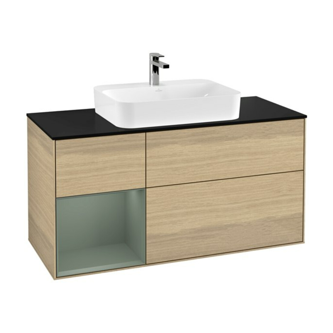 V&B Meuble sous-lavabo Finion 120 cm, éclairage mural, placage bois, tiroir gauche, finition huile et laque, ouvertures ven