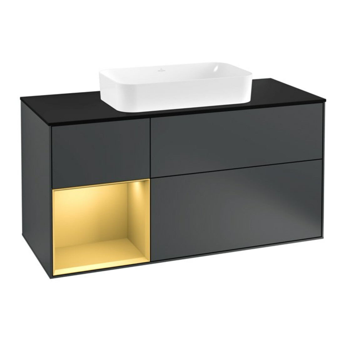 V&B Meuble sous lavabo Finion 120 cm, éclairage mural, placage bouleau, droite, avec miroir bleu mat, laqué