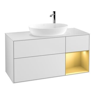 V&B Meuble sous-lavabo Finion 120 cm, éclairage mural, placage chêne doré laqué, blanc laqué