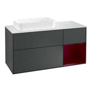 V&B Meuble sous lavabo Finion 120 cm, éclairage mural, placage chêne, miroir avec éclairage LED, finition laquée