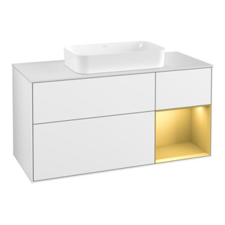 V&B Meuble sous lavabo Finion 120 cm, éclairage mural, placage chêne, réglette or, blanc brillant, laqué
