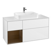V&B Meuble sous lavabo Finion 120 cm, éclairage mural, placage noyer, blanc brillant