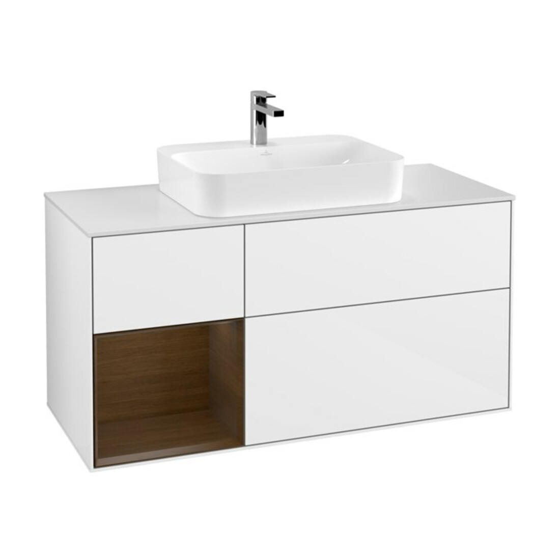 V&B Meuble sous lavabo Finion 120 cm, éclairage mural, placage noyer, blanc brillant