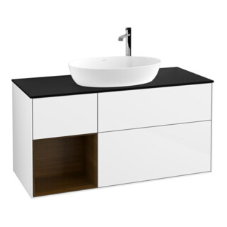 V&B Meuble sous lavabo Finion 120 cm, éclairage mural, placage noyer, blanc brillant