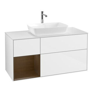 V&B Meuble sous-lavabo Finion 120 cm, éclairage mural, placage noyer, blanc brillant Lac